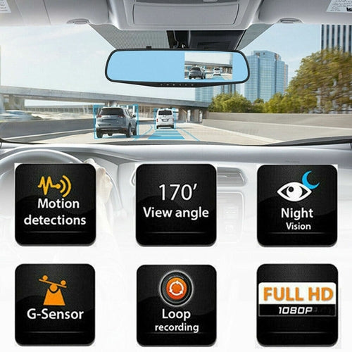 1080P HD Rearview Mirror Dash Cam w/Dual Cameras