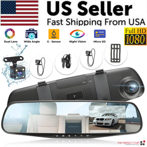 1080P HD Rearview Mirror Dash Cam w/Dual Cameras